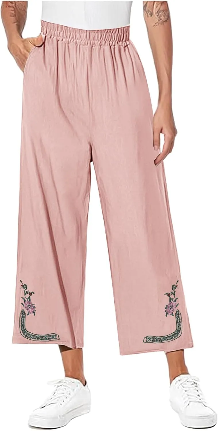 Cotton Linen Crop Pants Women Elastic Waist Vintage Floral Embroidered Cropped Trousers Wide Leg Pants with Pockets
