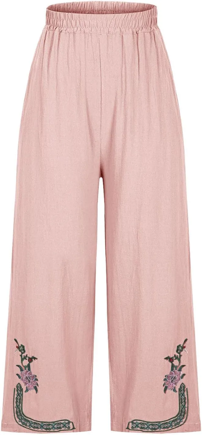 Cotton Linen Crop Pants Women Elastic Waist Vintage Floral Embroidered Cropped Trousers Wide Leg Pants with Pockets