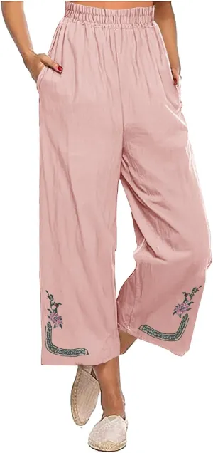 Cotton Linen Crop Pants Women Elastic Waist Vintage Floral Embroidered Cropped Trousers Wide Leg Pants with Pockets