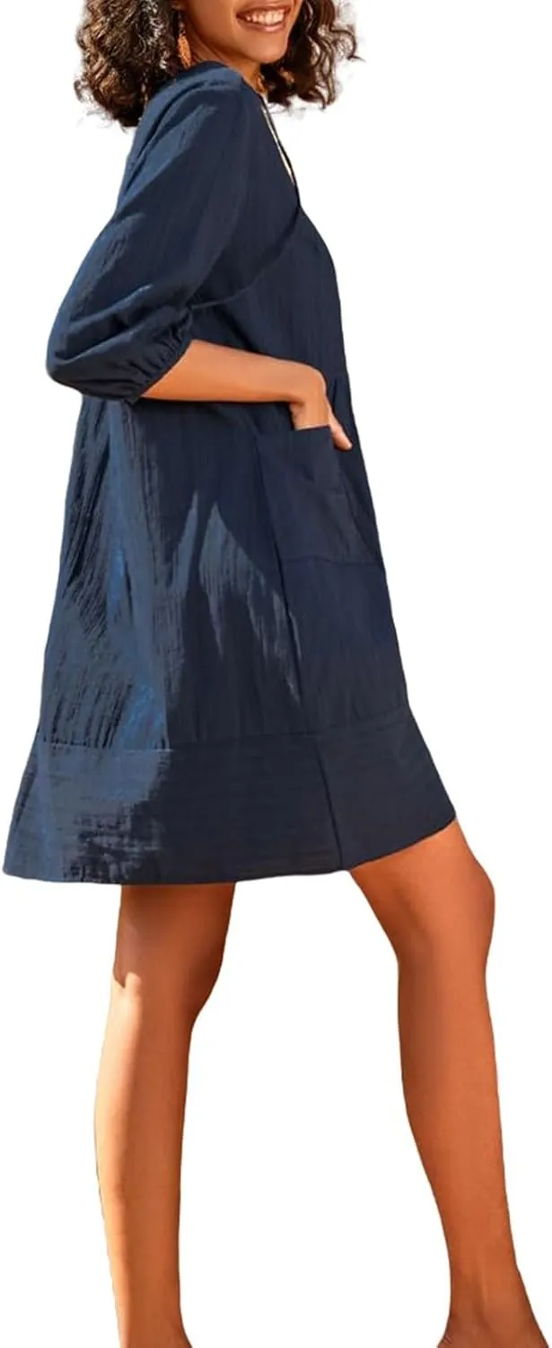 Cotton Linen Dresses for Women V Neck 3/4 Sleeve Tunic Smock Mini Dress Summer Casual Loose Dresses with Pockets
