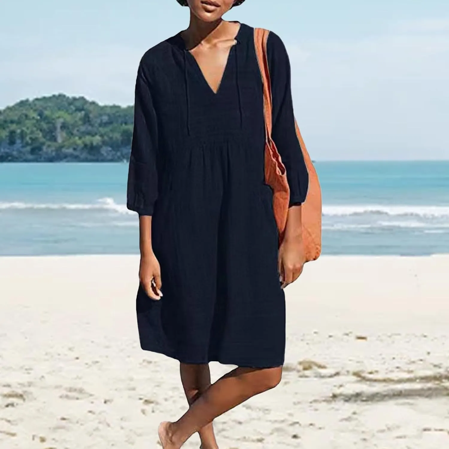 Cotton Linen Dresses for Women V Neck 3/4 Sleeve Tunic Smock Mini Dress Summer Casual Loose Dresses with Pockets