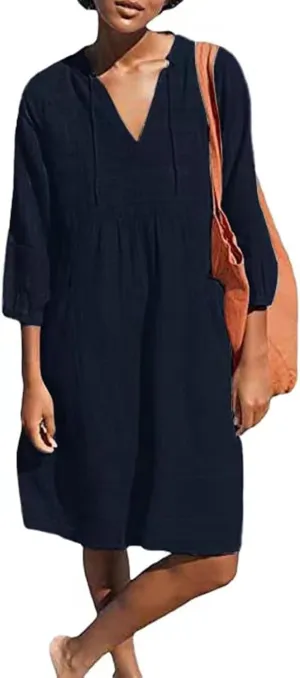 Cotton Linen Dresses for Women V Neck 3/4 Sleeve Tunic Smock Mini Dress Summer Casual Loose Dresses with Pockets