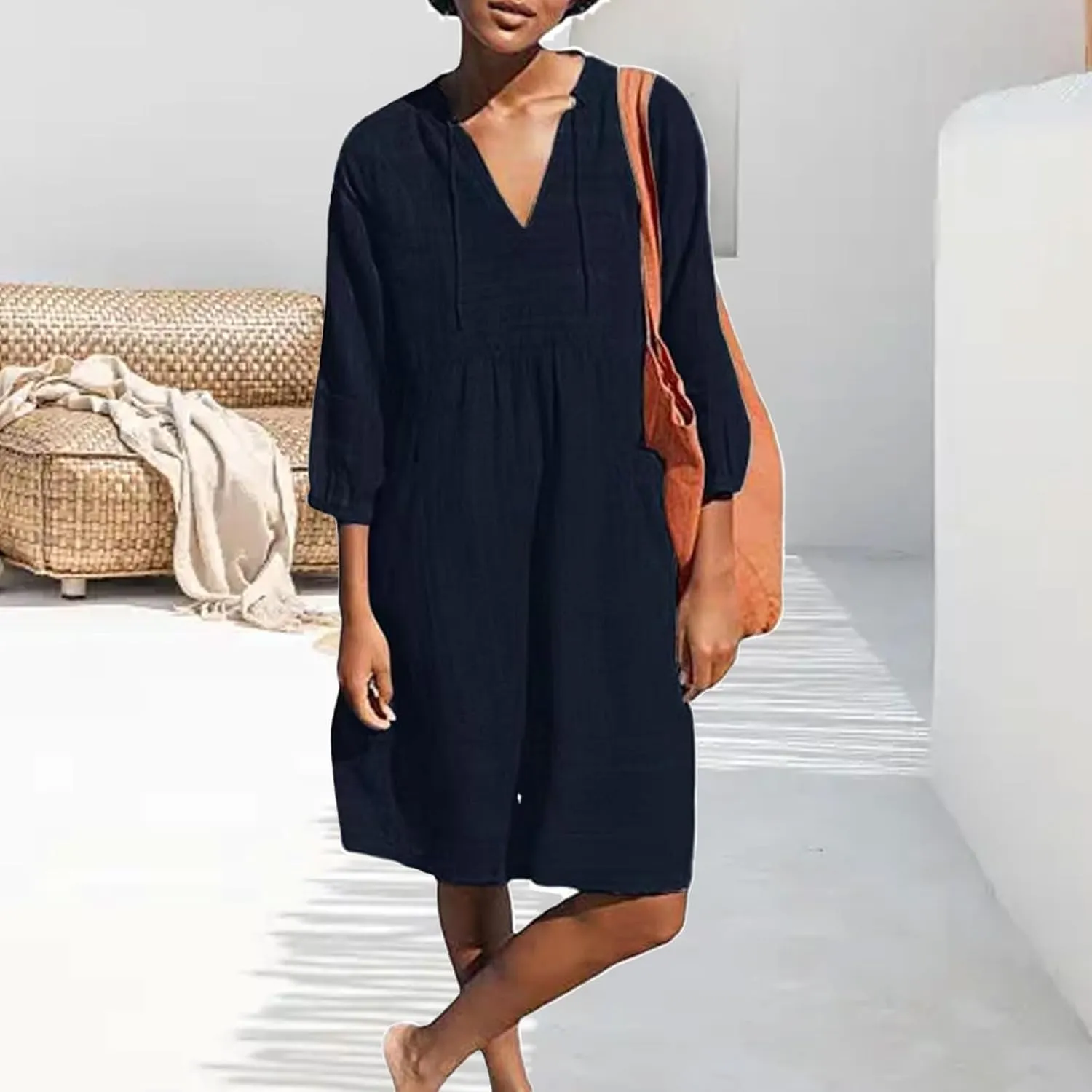 Cotton Linen Dresses for Women V Neck 3/4 Sleeve Tunic Smock Mini Dress Summer Casual Loose Dresses with Pockets