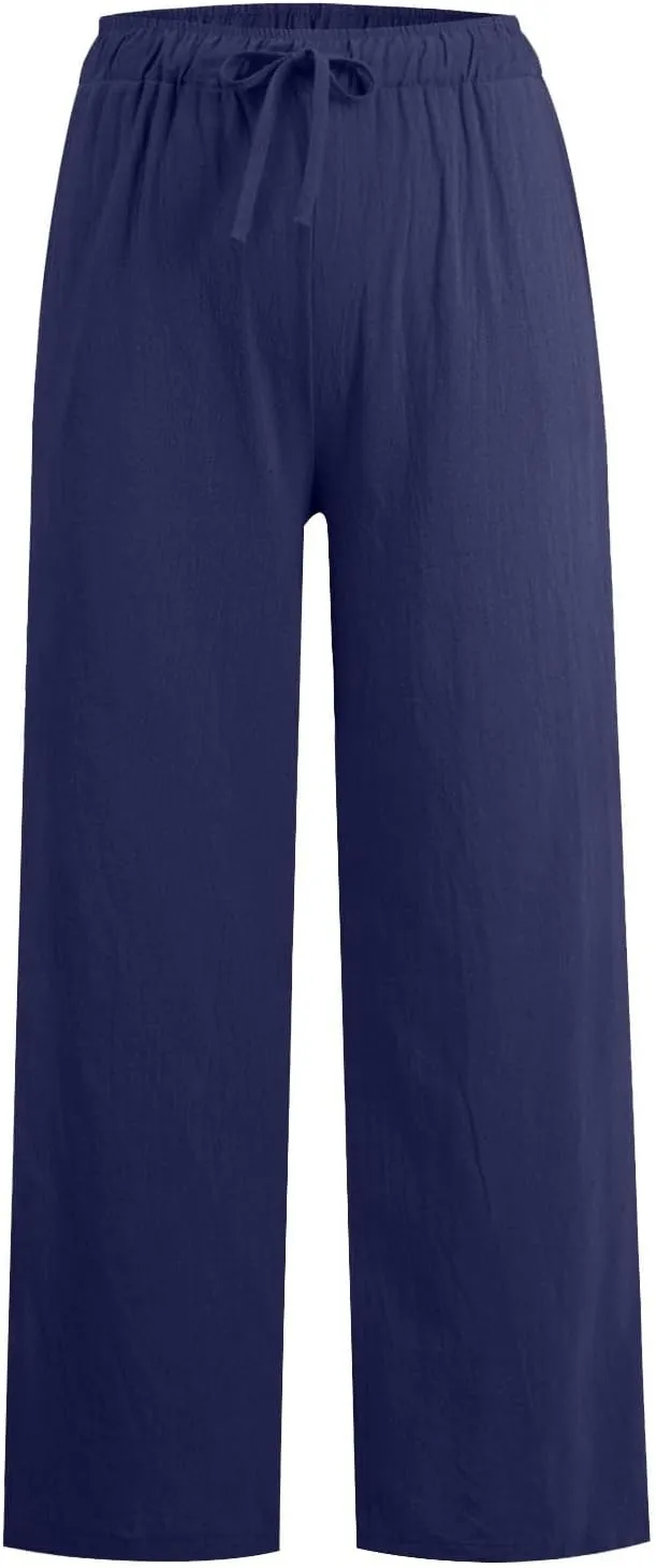 Cotton Linen Palazzo Pants for Women Casual Summer Boho Pants Lightweight High Waisted Wide Leg Pants with Pockets
