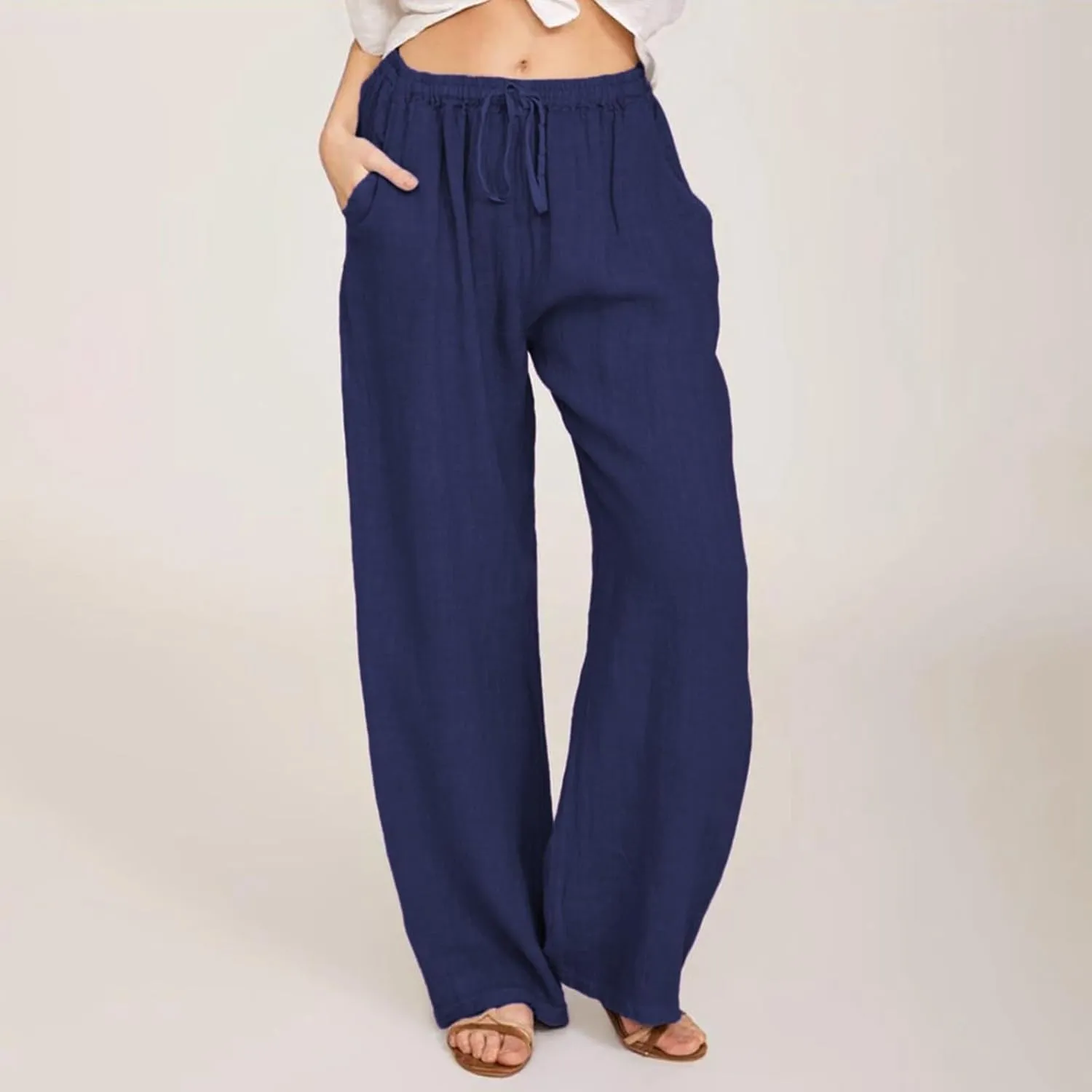 Cotton Linen Palazzo Pants for Women Casual Summer Boho Pants Lightweight High Waisted Wide Leg Pants with Pockets
