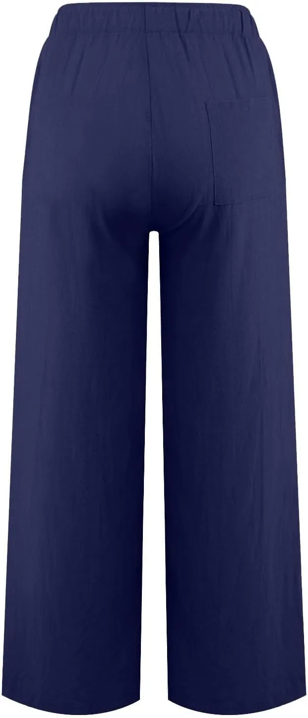 Cotton Linen Palazzo Pants for Women Casual Summer Boho Pants Lightweight High Waisted Wide Leg Pants with Pockets