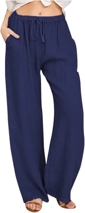 Cotton Linen Palazzo Pants for Women Casual Summer Boho Pants Lightweight High Waisted Wide Leg Pants with Pockets