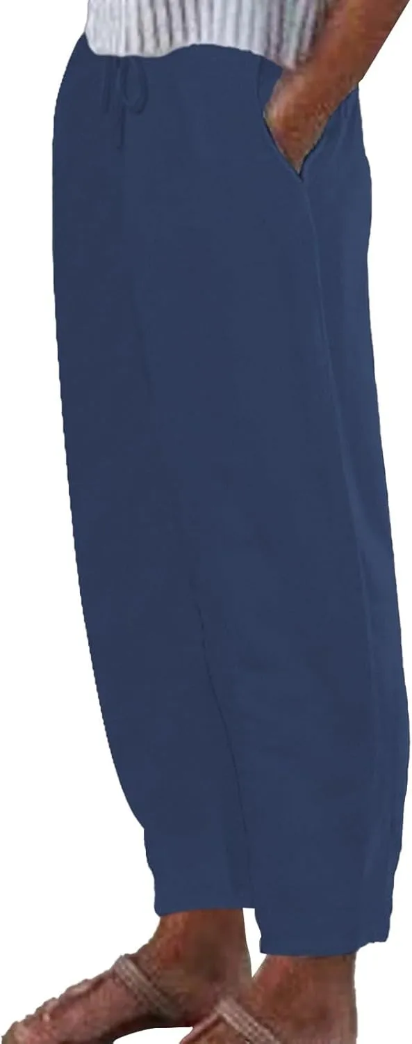 Cotton Linen Pants for Women Drawstring Elastic Waist Straight Leg Trousers Casual Spring and Summer Beach Pant