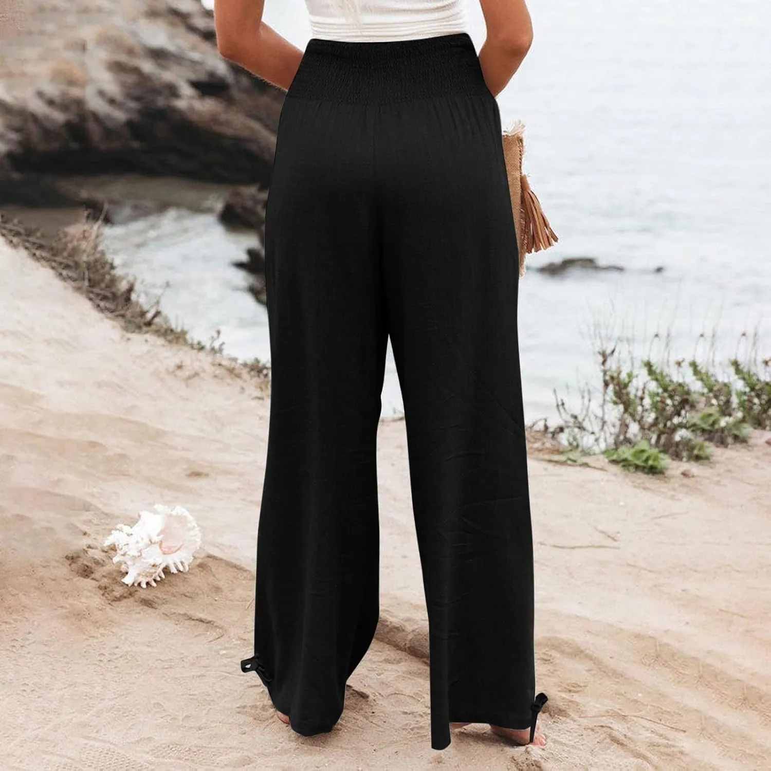 Cotton Linen Pants for Women Loose Comfy High Waisted Wide Leg Trousers Pleated Lightweight Flowy Summer Beach Pant