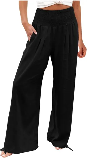 Cotton Linen Pants for Women Loose Comfy High Waisted Wide Leg Trousers Pleated Lightweight Flowy Summer Beach Pant