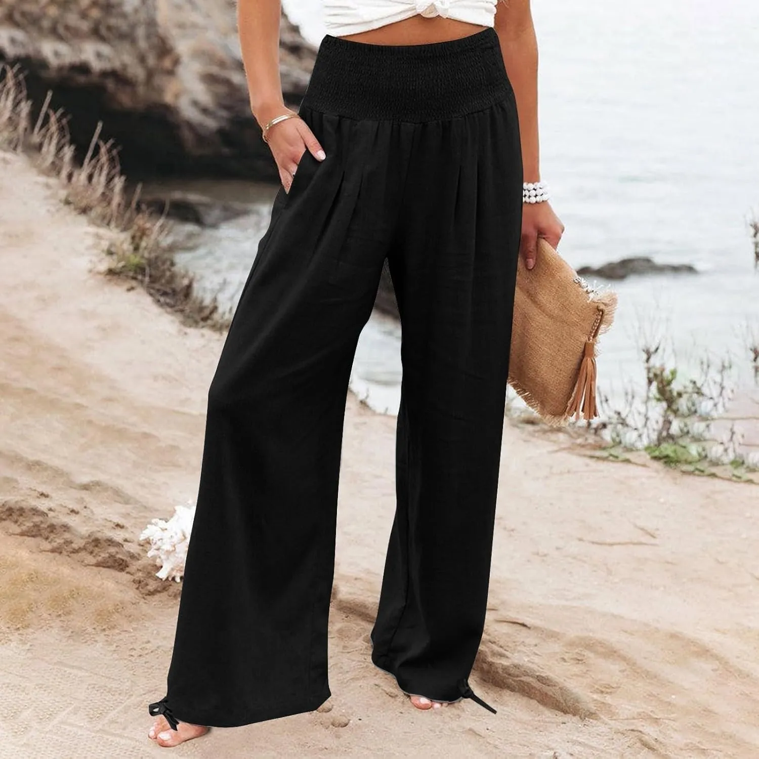 Cotton Linen Pants for Women Loose Comfy High Waisted Wide Leg Trousers Pleated Lightweight Flowy Summer Beach Pant