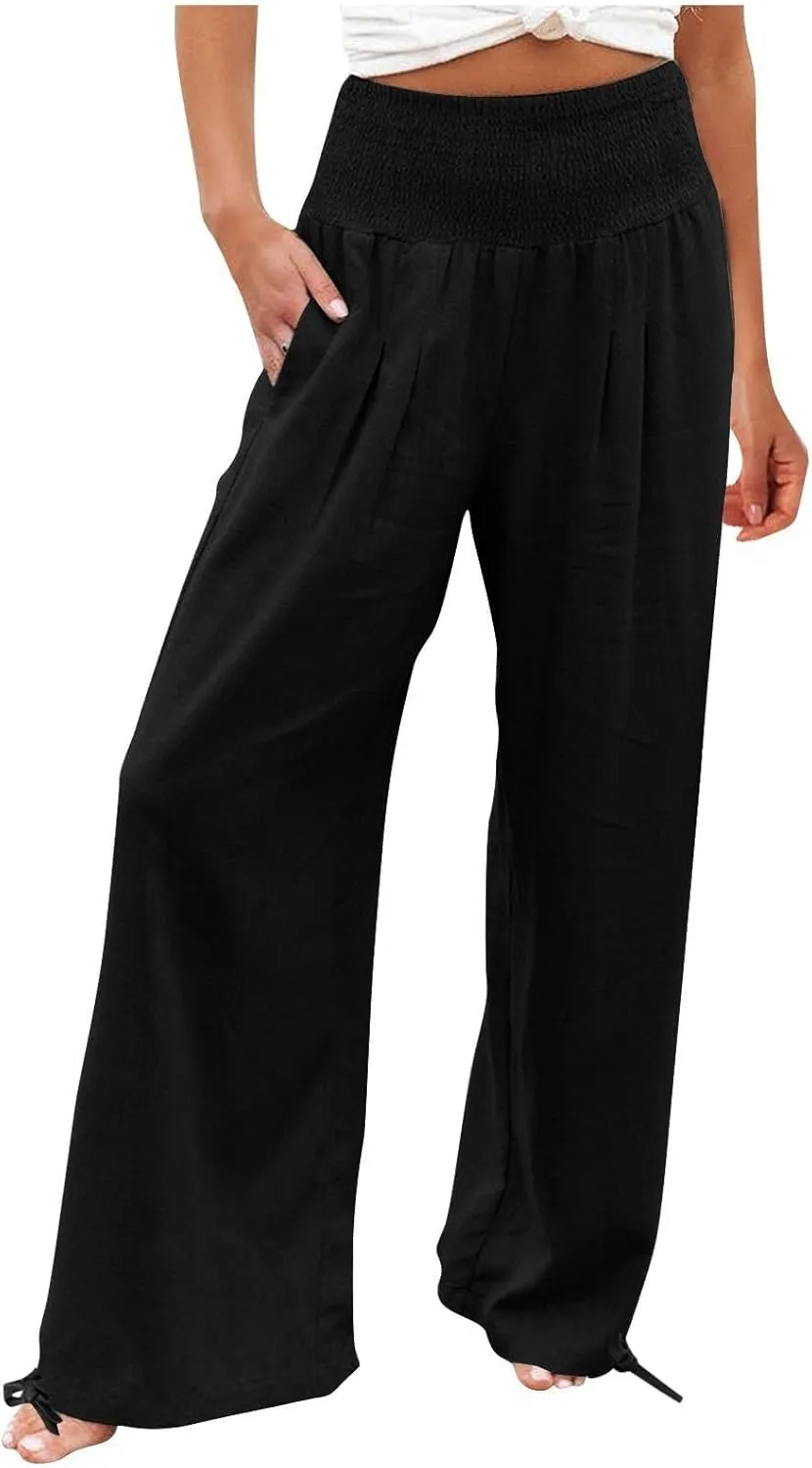 Cotton Linen Pants for Women Loose Comfy High Waisted Wide Leg Trousers Pleated Lightweight Flowy Summer Beach Pant