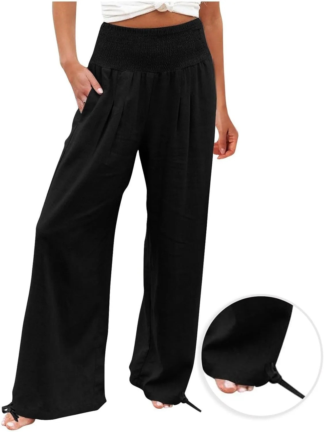 Cotton Linen Pants for Women Loose Comfy High Waisted Wide Leg Trousers Pleated Lightweight Flowy Summer Beach Pant