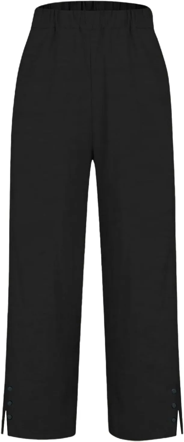 Cotton Linen Pants Women Elastic High Waist Straight Leg Lounge Pants Casual Slacks Summer Trouser with Pockets