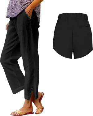 Cotton Linen Pants Women Elastic High Waist Straight Leg Lounge Pants Casual Slacks Summer Trouser with Pockets