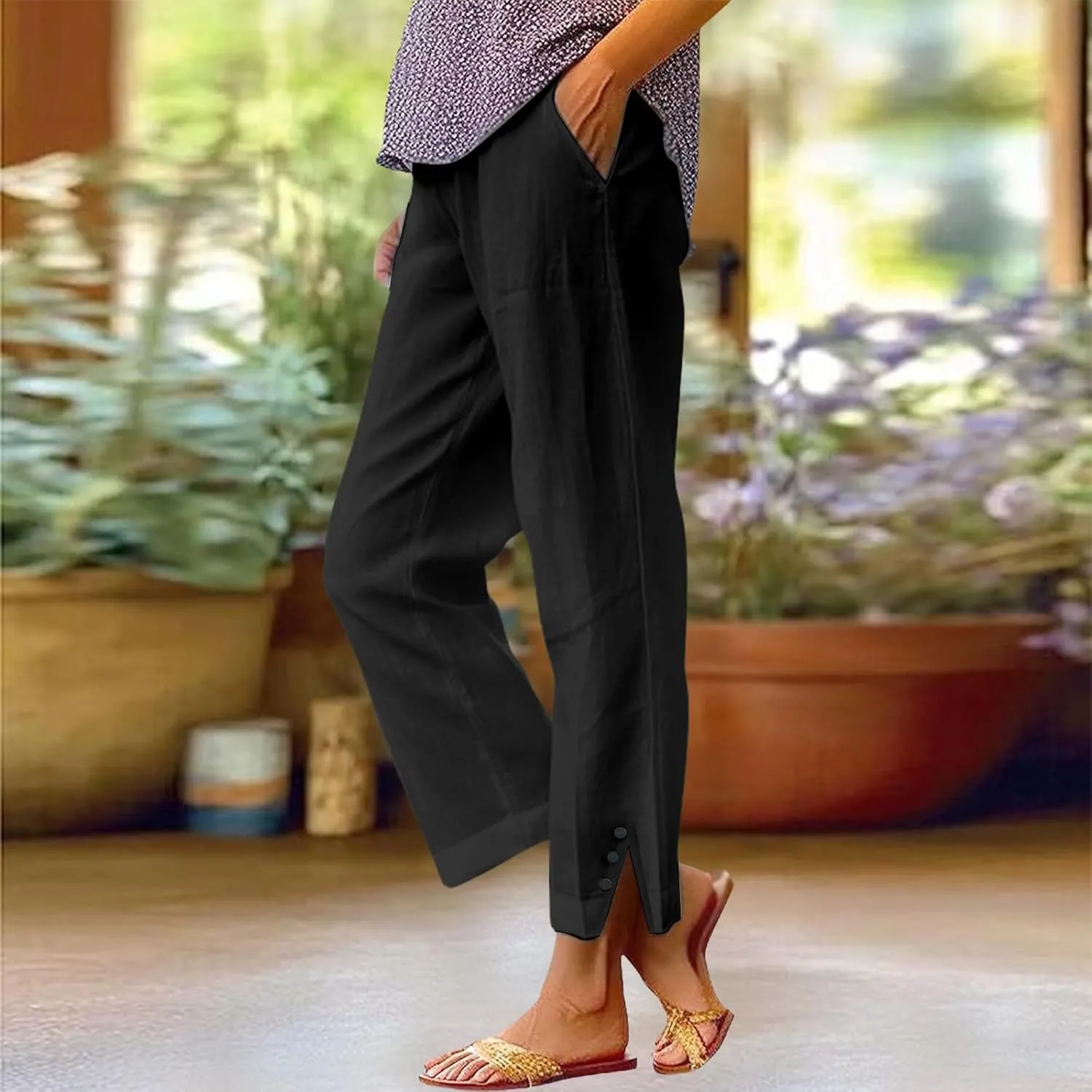 Cotton Linen Pants Women Elastic High Waist Straight Leg Lounge Pants Casual Slacks Summer Trouser with Pockets