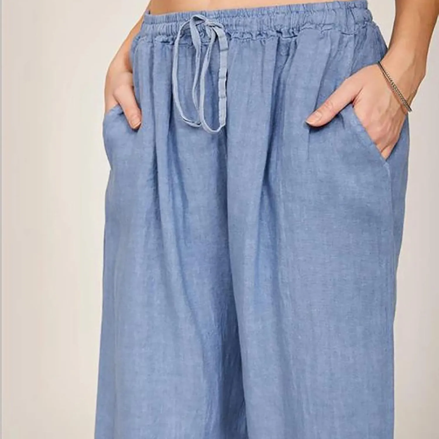 Cotton Linen Wide Leg Pants for Women Casual Summer 2024 Drawstring Beach Pants Loose Flowy Lounge Trousers