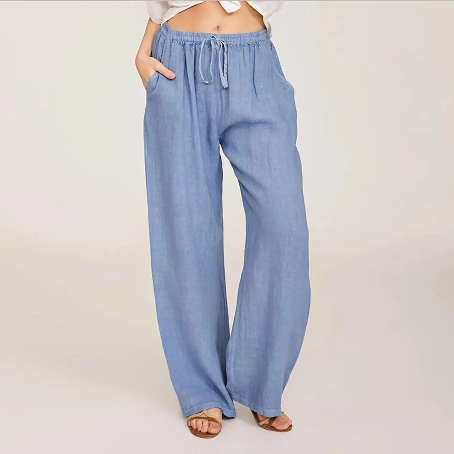 Cotton Linen Wide Leg Pants for Women Casual Summer 2024 Drawstring Beach Pants Loose Flowy Lounge Trousers
