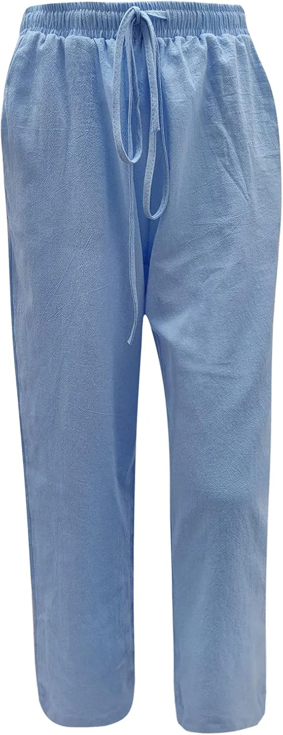 Cotton Linen Wide Leg Pants for Women Casual Summer 2024 Drawstring Beach Pants Loose Flowy Lounge Trousers