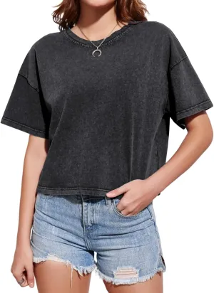 Cotton Loose Crop Tops for Women Acid Wash Cropped T Shirts Trendy Vintage Basic Tees Casual Short Sleeve Tshirt
