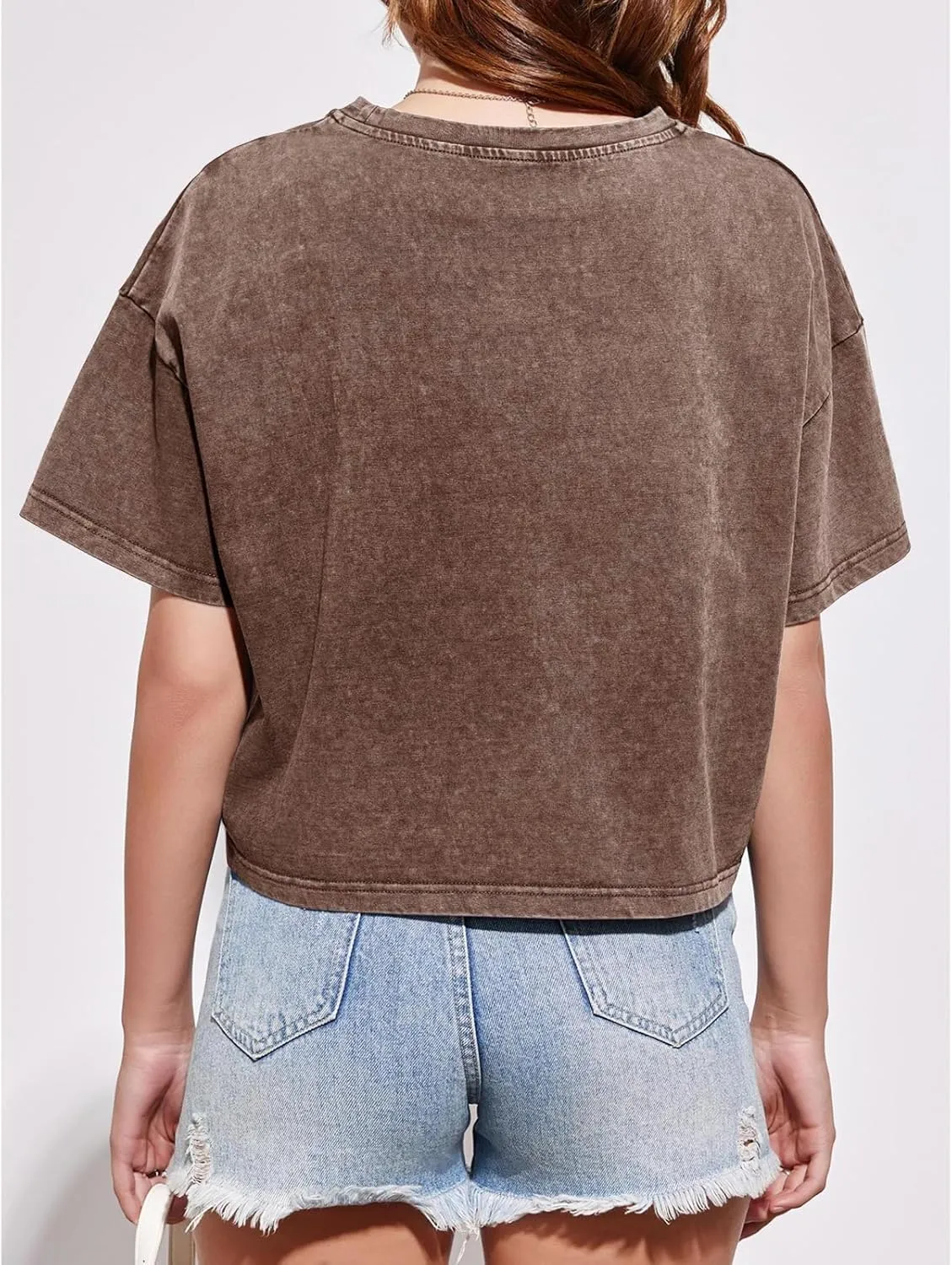 Cotton Loose Crop Tops for Women Acid Wash Cropped T Shirts Trendy Vintage Basic Tees Casual Short Sleeve Tshirt