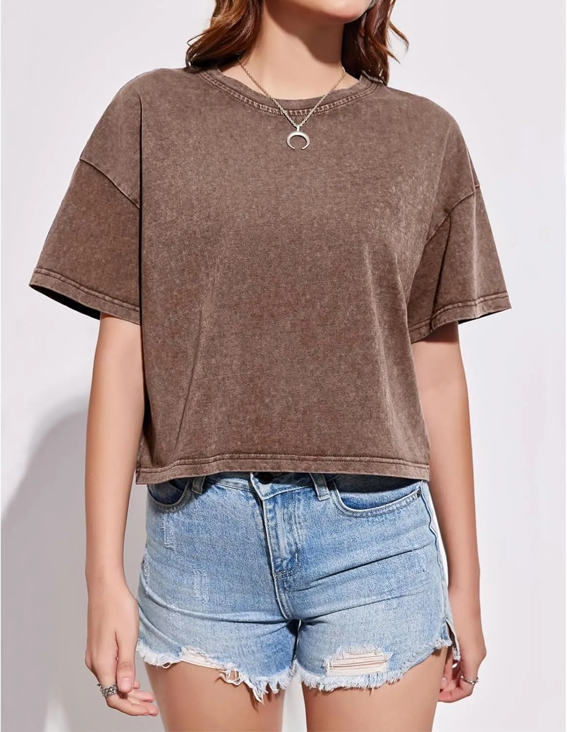 Cotton Loose Crop Tops for Women Acid Wash Cropped T Shirts Trendy Vintage Basic Tees Casual Short Sleeve Tshirt