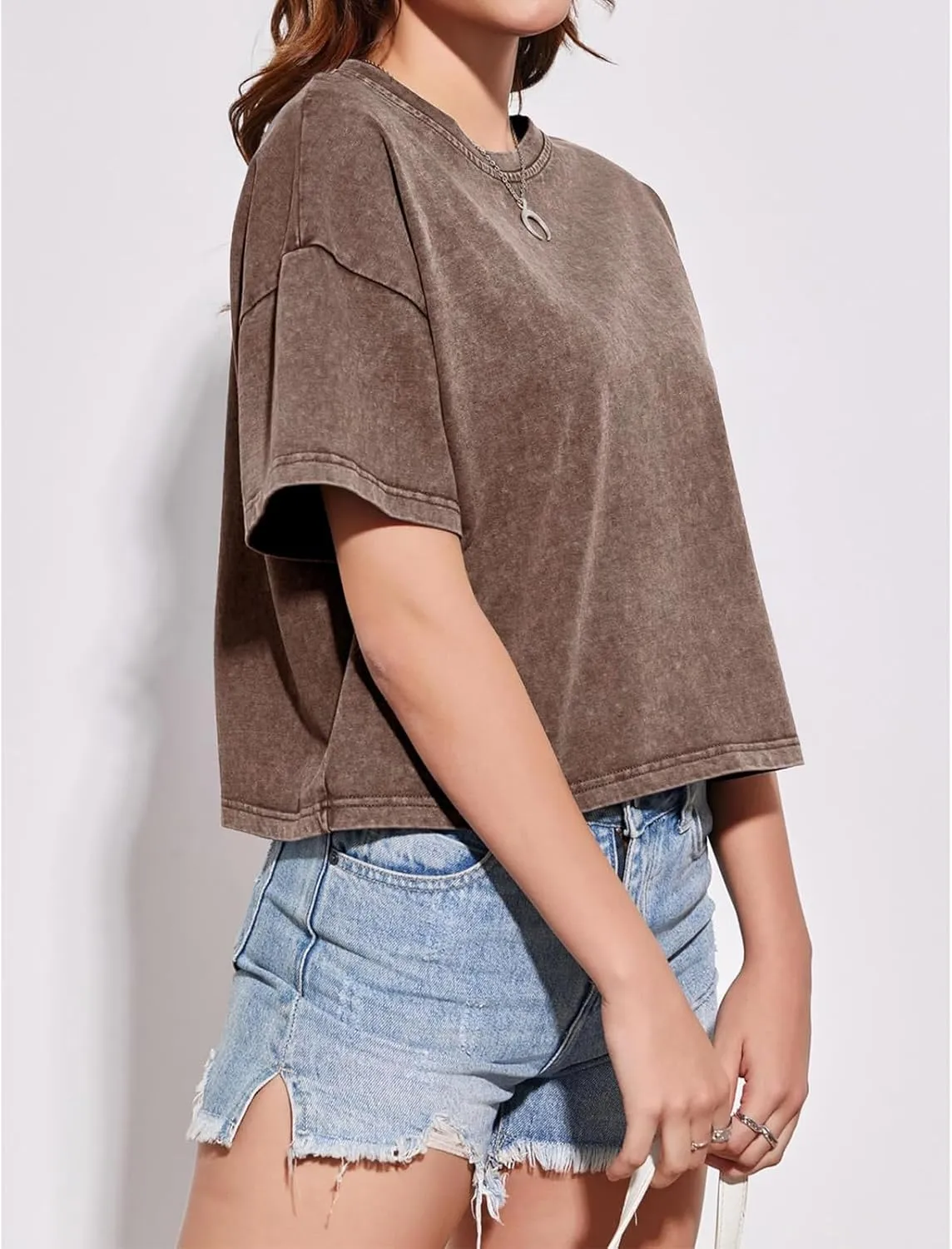 Cotton Loose Crop Tops for Women Acid Wash Cropped T Shirts Trendy Vintage Basic Tees Casual Short Sleeve Tshirt