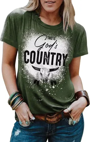Country Music Tshirts Women Funny Rodeo Cowboy Shirts Vintage Western Steer Skull Graphic Shirt Casual Cowgirl T-Shirt