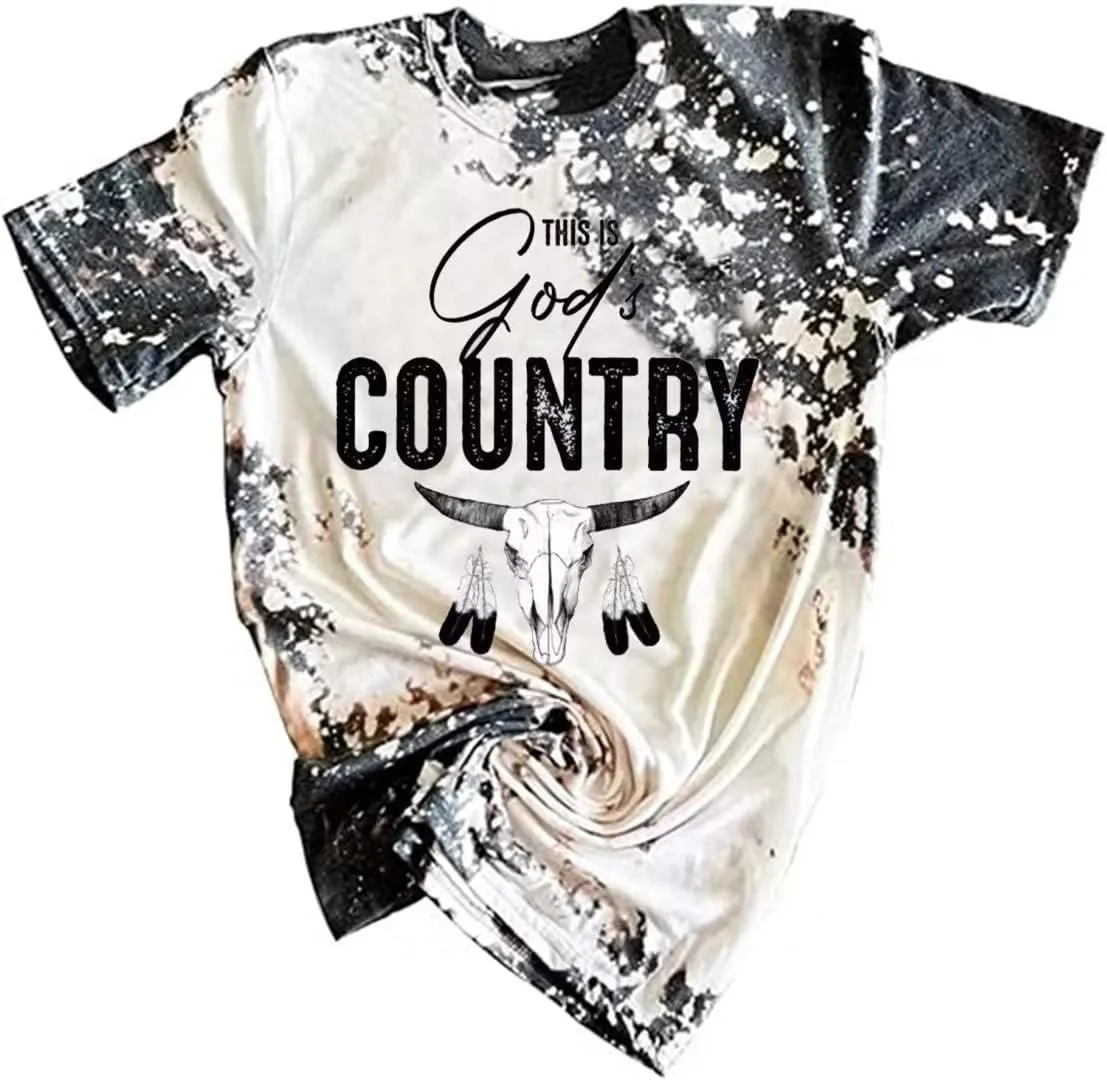 Country Music Tshirts Women Funny Rodeo Cowboy Shirts Vintage Western Steer Skull Graphic Shirt Casual Cowgirl T-Shirt
