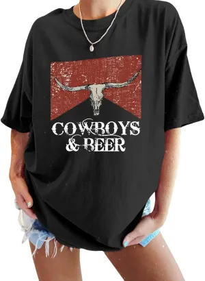 Cowboy Beer Shirts for Women Oversized Western Rodeo Shirt Cowgirl Vintage Cow Skull Graphic Tees Country Music Tops