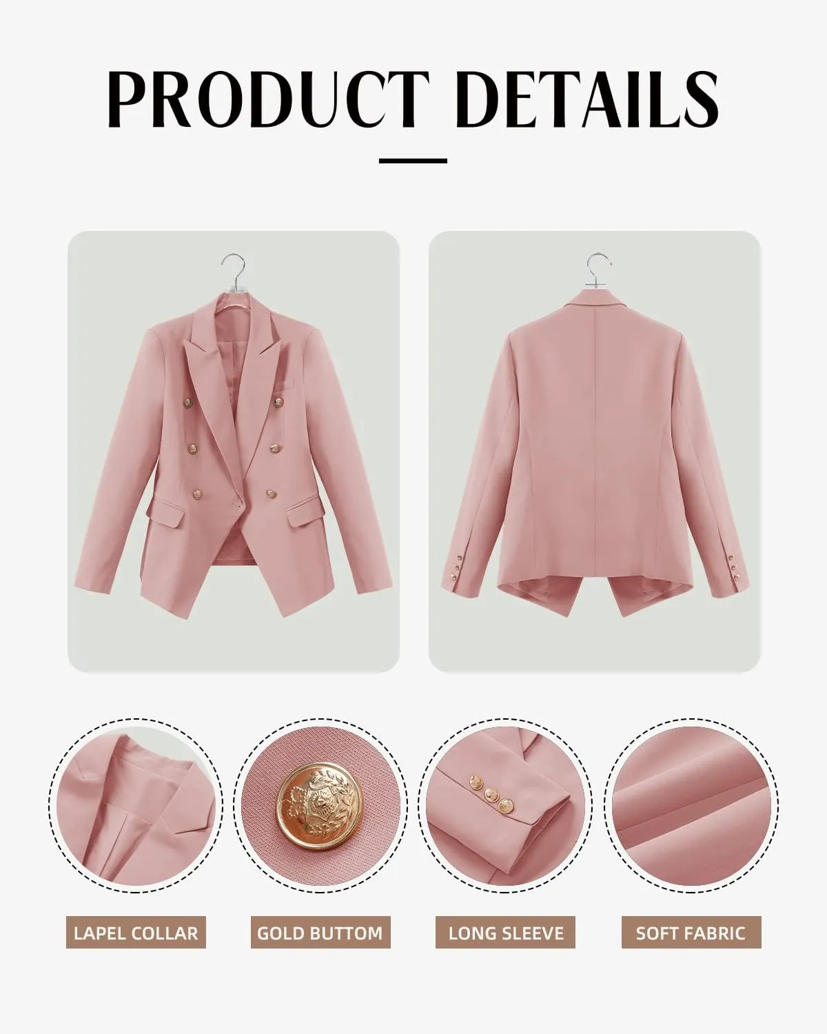 CRAZY GRID Womens Casual Blazer Jacket Gold Button Long Sleeve Work 0ffice Blazer Lapel Jacket