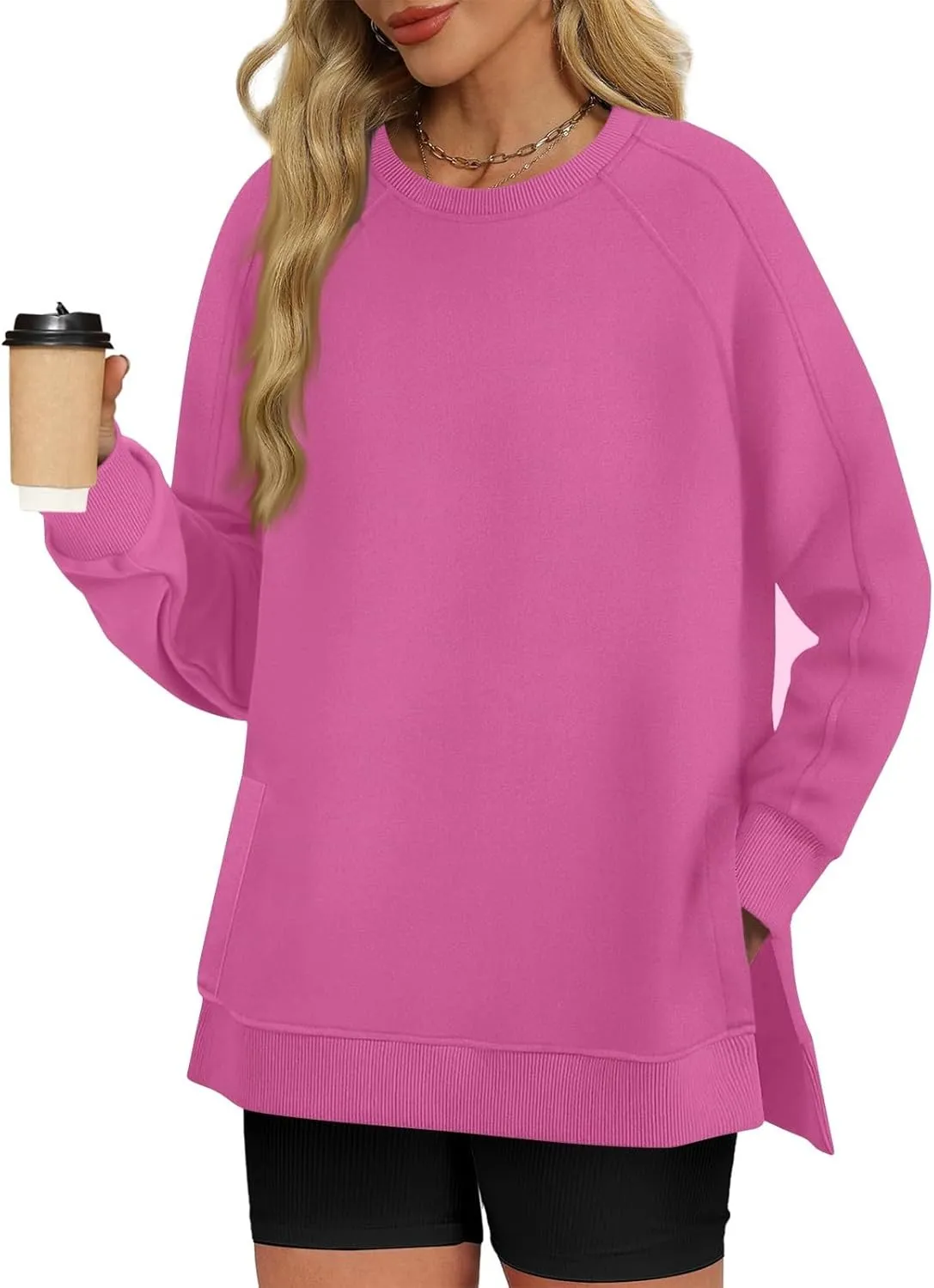 Crewneck Sweatshirts Women Side Slit Oversized Fall Sweatshirt Long Sleeve Tunic Pullover Shirts Y2k Hoodie Sweater