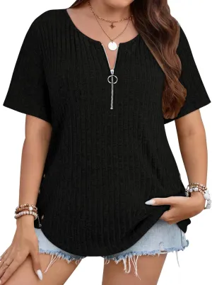 Cucuchy Style Women's Plus Size Tops Casual Zip Up V Neck Shirts Short Sleeve Button Blouses
