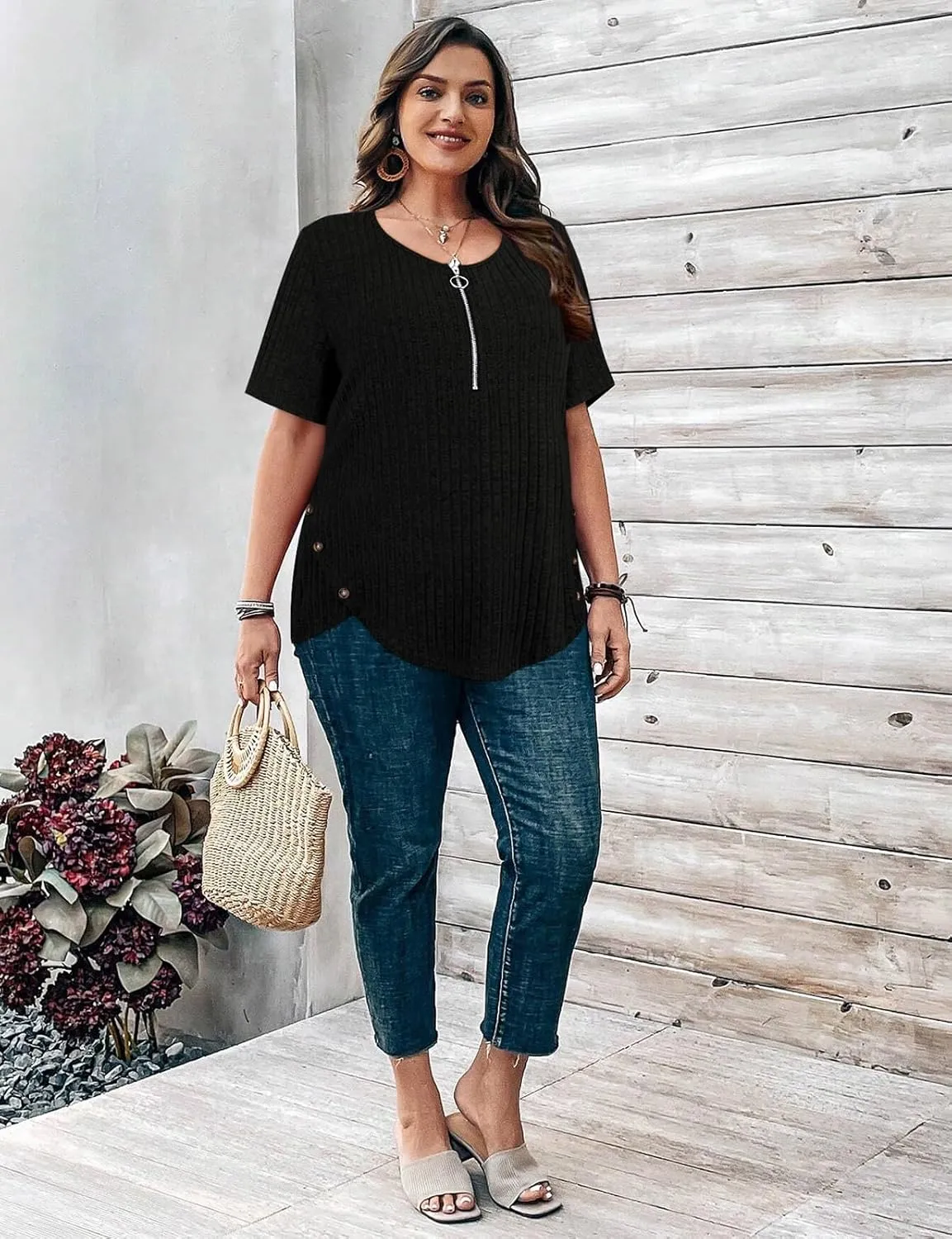 Cucuchy Style Women's Plus Size Tops Casual Zip Up V Neck Shirts Short Sleeve Button Blouses