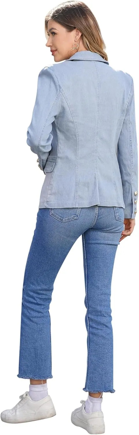 Denim Blazer Suit for Women Casual Jacket Button Down Early Spring Fall Work Office Business Blazer