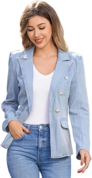 Denim Blazer Suit for Women Casual Jacket Button Down Early Spring Fall Work Office Business Blazer