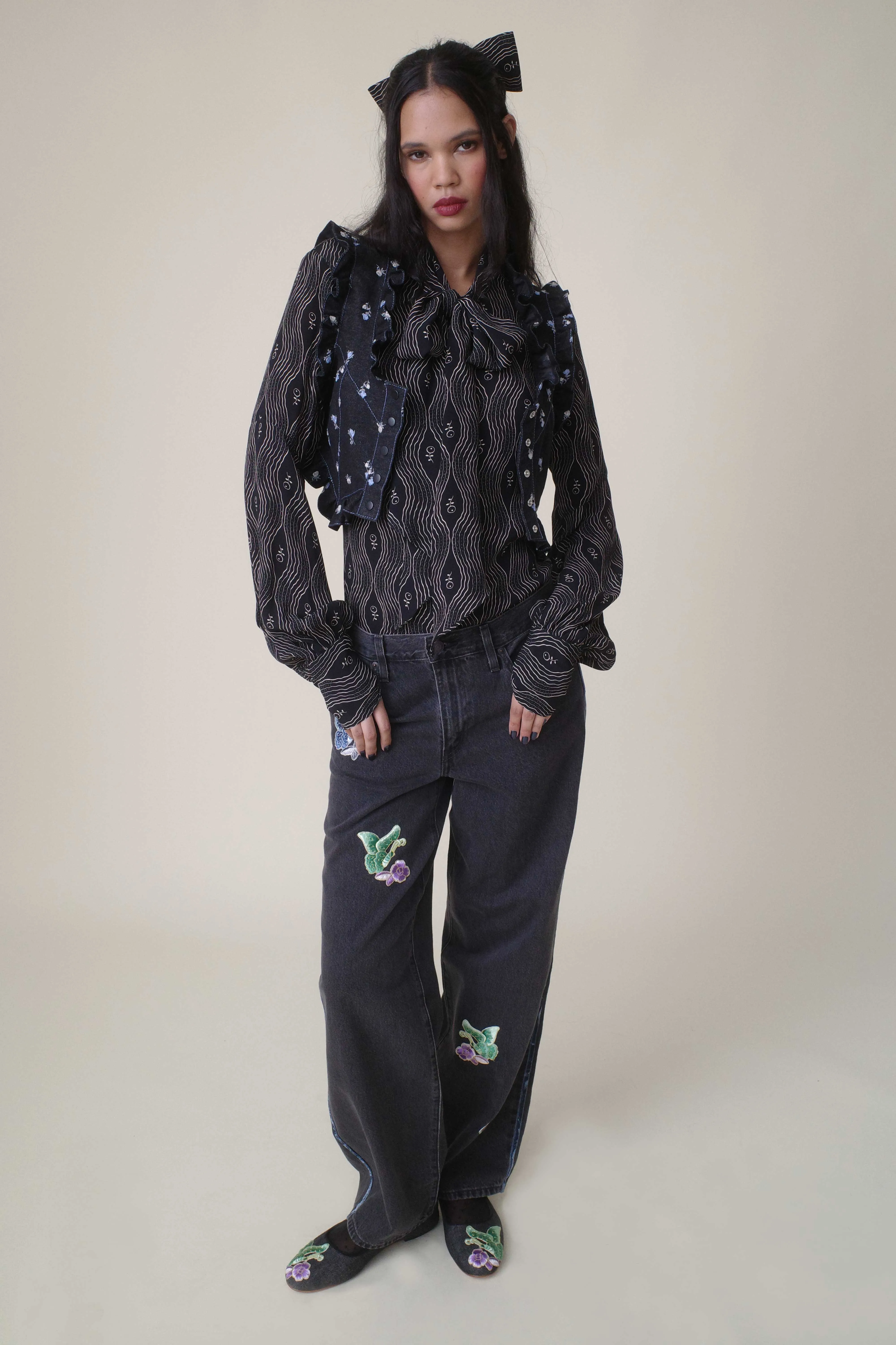 Denim Embroidered Roses Cropped Vest
