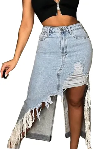 Denim Skirts for Women Tassel Maxi Skirts Button High Waist Back Split Irregular Loose Casual Long Skirt