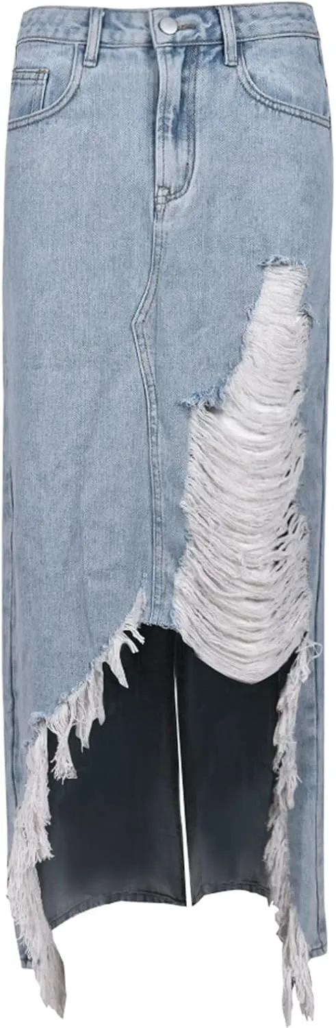Denim Skirts for Women Tassel Maxi Skirts Button High Waist Back Split Irregular Loose Casual Long Skirt