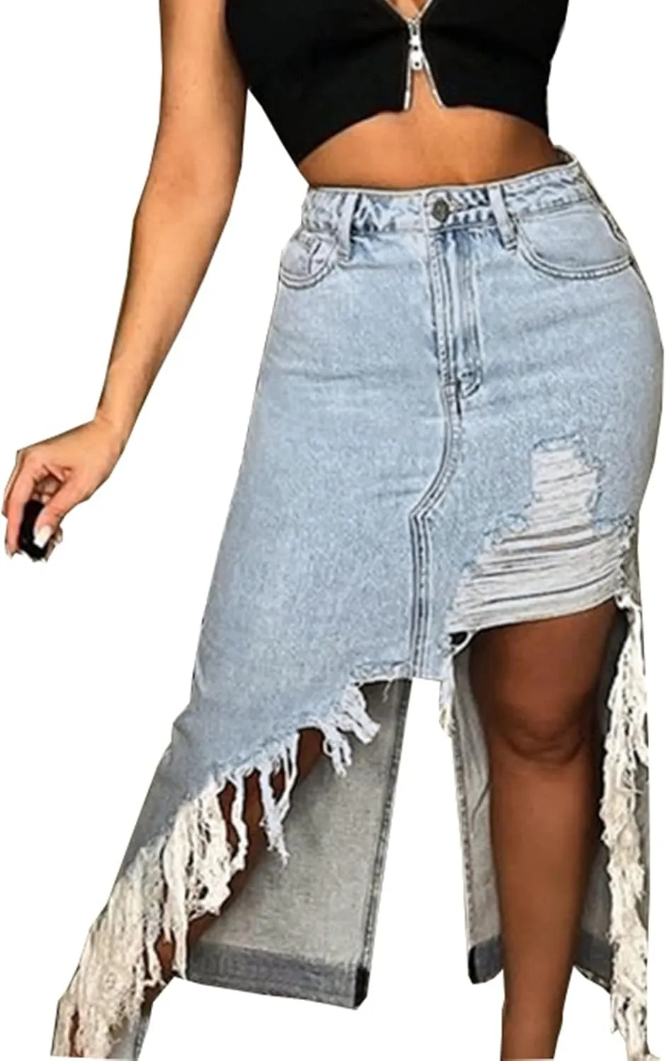 Denim Skirts for Women Tassel Maxi Skirts Button High Waist Back Split Irregular Loose Casual Long Skirt