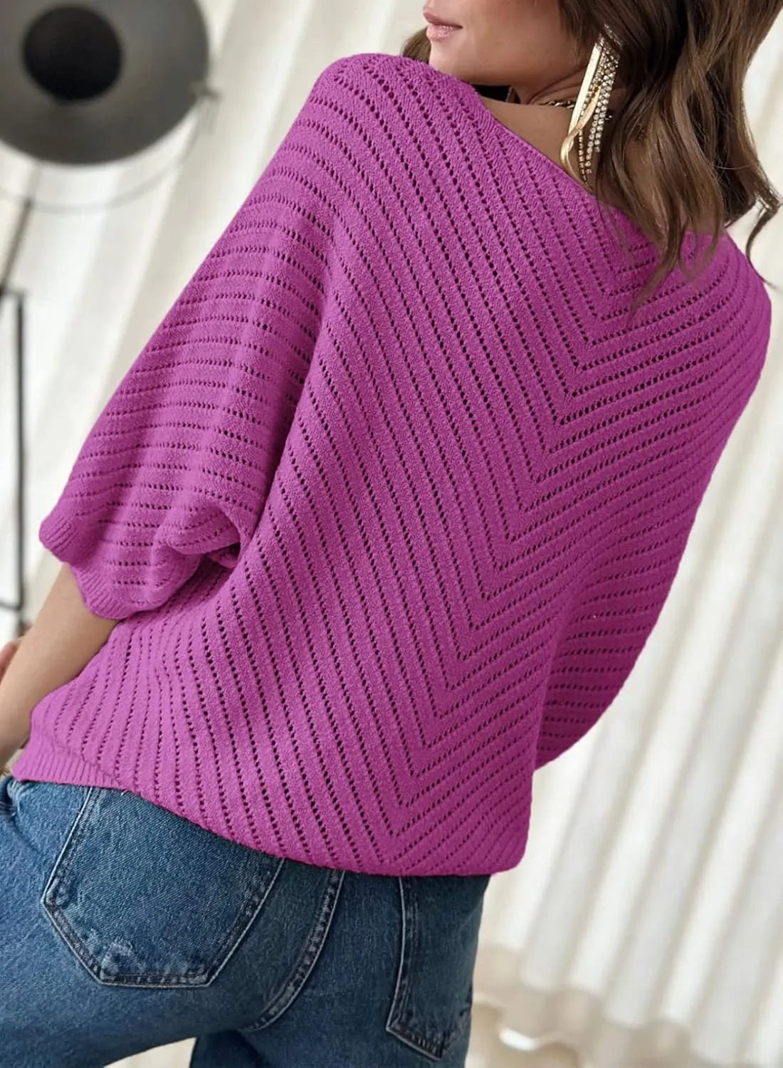 Dokotoo Women's 2025 Summer Spring Casual 3/4 Sleeve Solid Color V Neck Loose Pullover Knit Fall Sweaters Tops