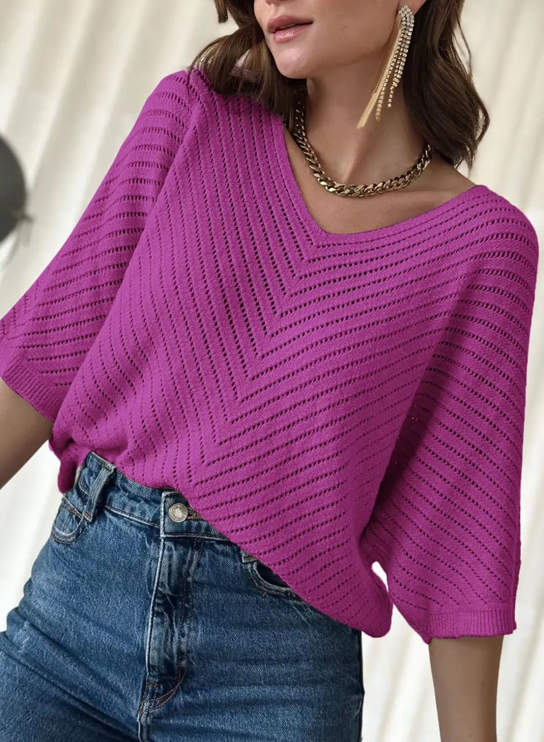 Dokotoo Women's 2025 Summer Spring Casual 3/4 Sleeve Solid Color V Neck Loose Pullover Knit Fall Sweaters Tops