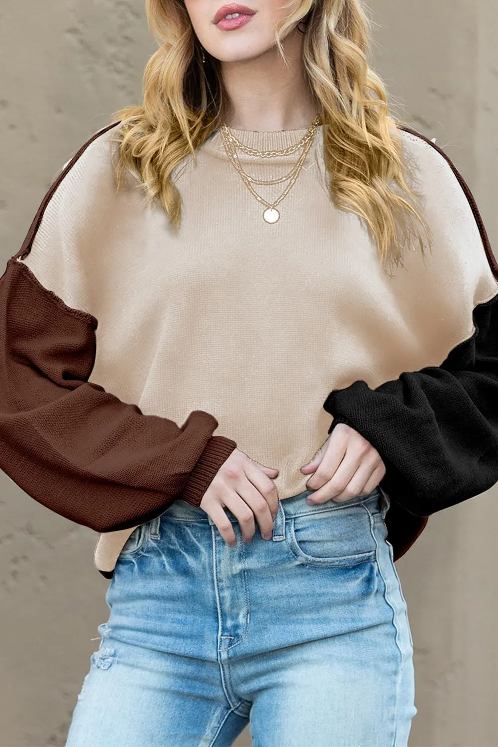 Dokotoo Women's Sweaters Colorblock Crewneck Cotton Long Sleeve Fall Winter Knit Pullover Jumper Tops