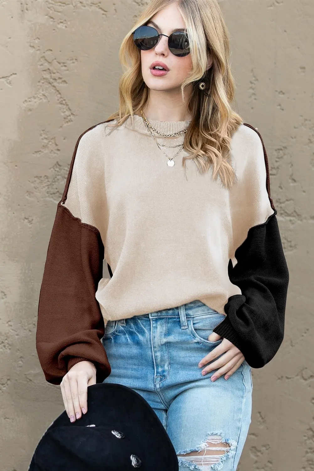 Dokotoo Women's Sweaters Colorblock Crewneck Cotton Long Sleeve Fall Winter Knit Pullover Jumper Tops