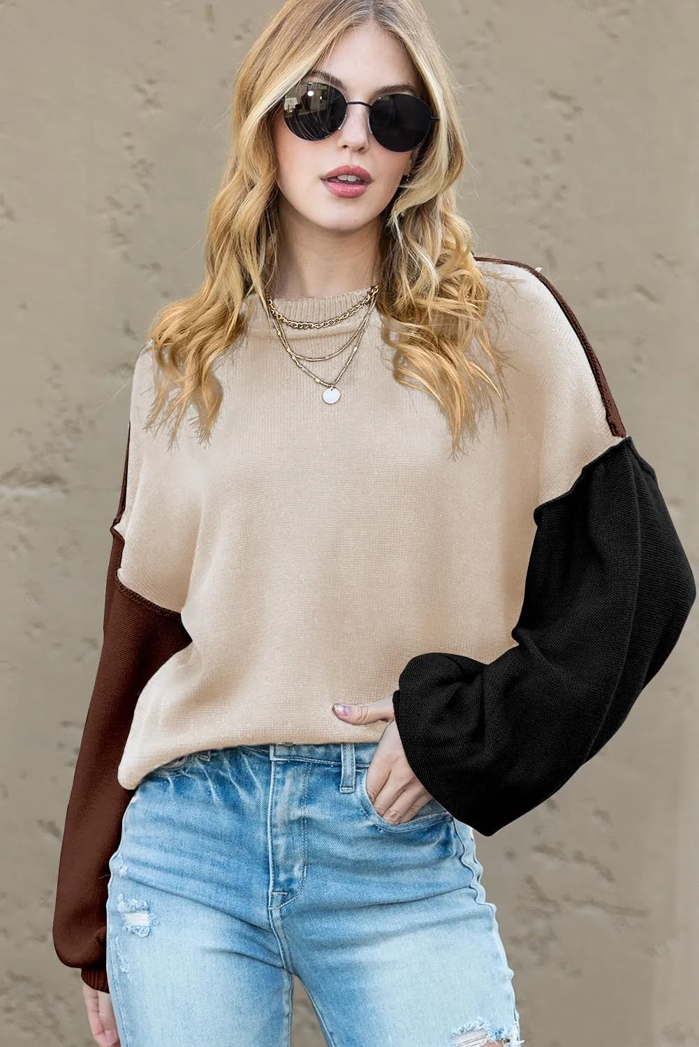 Dokotoo Women's Sweaters Colorblock Crewneck Cotton Long Sleeve Fall Winter Knit Pullover Jumper Tops