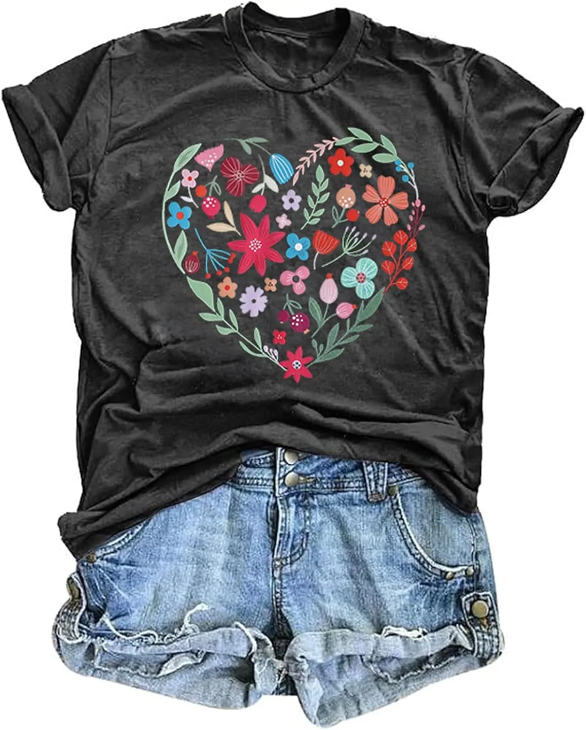 DUTUT Women Vintage Wildflower Shirt Floral Heart Graphic Shirts Boho Flower Tees Botanical Plant Short Sleeve Tops