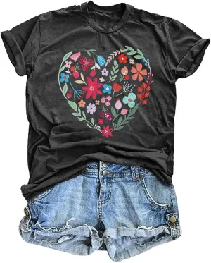 DUTUT Women Vintage Wildflower Shirt Floral Heart Graphic Shirts Boho Flower Tees Botanical Plant Short Sleeve Tops