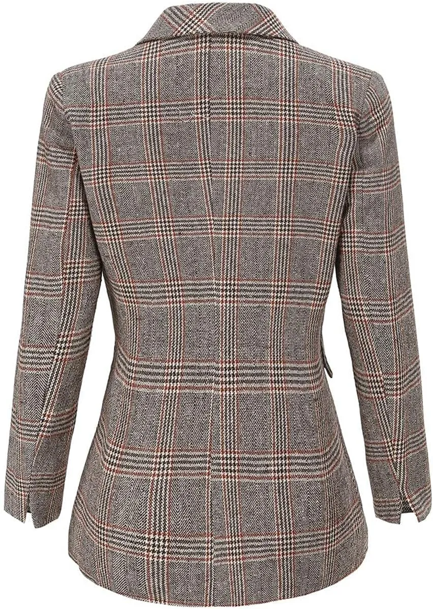 ebossy Women's Notch Lapel 2 Button Boyfriend Blazer Suit Houndstooth Plaid Jacket Coat