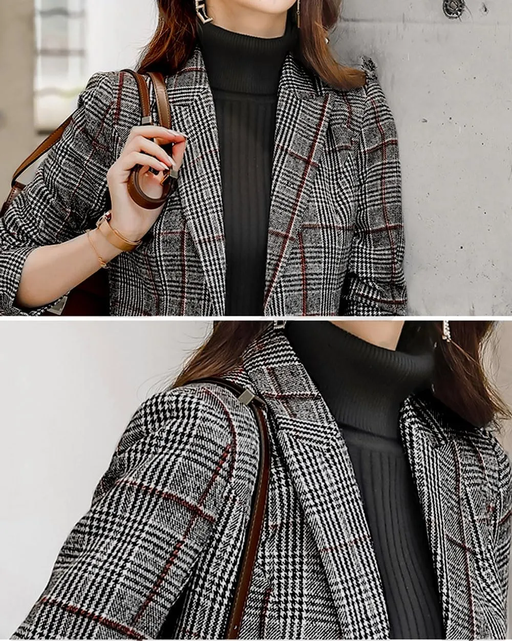 ebossy Women's Notch Lapel 2 Button Boyfriend Blazer Suit Houndstooth Plaid Jacket Coat