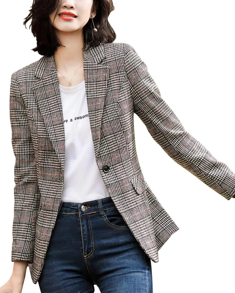 ebossy Women's Notch Lapel 2 Button Boyfriend Blazer Suit Houndstooth Plaid Jacket Coat